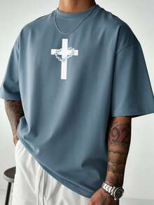 Camiseta de manga corta casual y versátil de K-GLORY para hombres con eslogan en inglés y estampado de cruz - Neblina azul - Ver 4