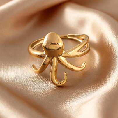 1 pieza Anillo abierto de pulpo de acero inoxidable - Joyería náutica minimalista, accesorio de tamaño ajustable, adecuado para todas las estaciones, anillo de estilo oceánico, diseño de alta pulimentación, anillo de calidad de moda