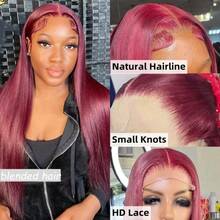 28 Inch 180% Density Instant Wear No Glue Wig, Human Hair Blend, Pre-Plucked, Pre-Cut, 13x4 Lace Front Wig, Human Hair Blend, Lace Front Closure, Instant Wear, 180% Density, Straight, 99J Wine Red, 10-36 Inch - S99J/BUG - View 3