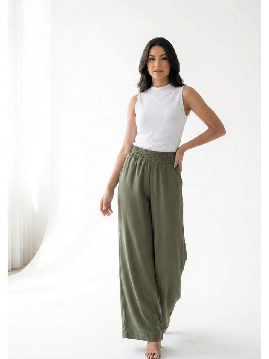 Fabric Pants With Pockets, Vacation, Home, Summer - 軍綠色 - 查看 1