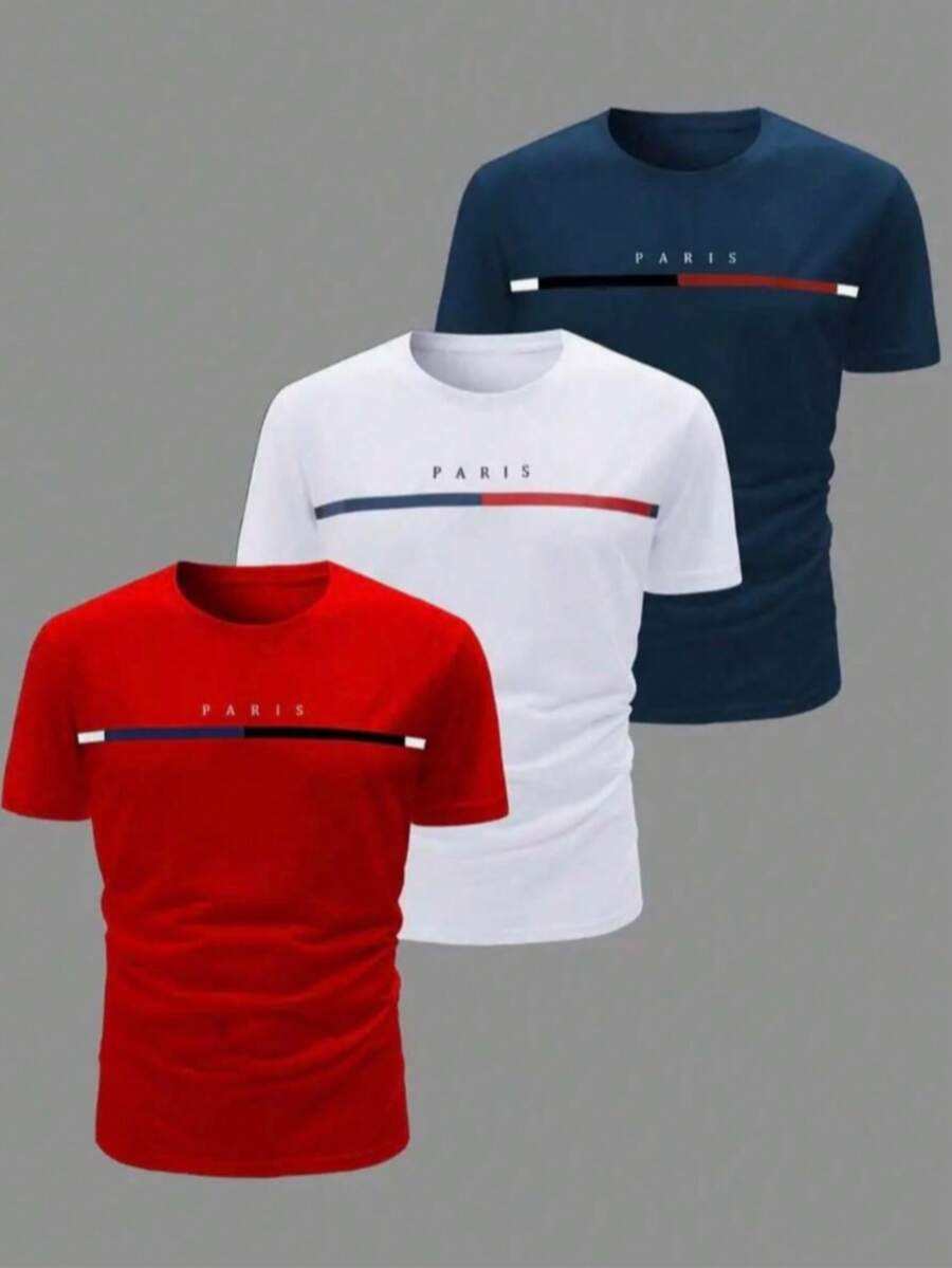 Kit Of 3 Men's Casual T-Shirts, 100% Cotton, Versatile, Comfortable, Sporty, Unisex Basic Premium Cotton Casual Streetwear Spring/Summer - 海軍藍 白色 紅色 - 查看 1