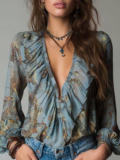 Blusa Feminina Vintage com Estampa Geral em Estilo Resort Francês Elegante, Gola V Profunda, Zíper, Babado e Manga Lanterna em Chiffon