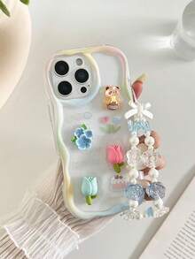 1pc Cream Patterned Painted Accessory With Attached Chain And Wavy Edge Cartoon Phone Case Compatible With IPhone 14, 14 Pro, 14 Pro Max, 13, 13 Pro, 13 Pro Max, 11, 11 Pro Max, 12, 12 Pro, 12 Pro Max, XR, XS, 15, 15 Pro, 15 Pro Max, 16, 16 Pro, 16 Pro Max, 17, 17 Pro, 17 Air, 17 Pro Max, Galaxy S24, A04, A12, A13, A14, A23, A24, A32, A33, A51, A52, A53, A54, A72, And Redmi Series Redmi 9, Redmi 9A, Shock-Proof Phone Protective Case - Multicolor - View 2