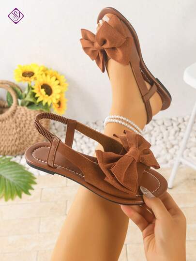 Sandal đế bằng bản rộng dành cho nữ, sandal thời trang thanh lịch đính nơ, đa năng cho tiệc tối, sandal ngoài trời sang trọng.