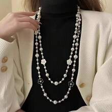 1pc Fully Rhinestone & Pearl Decor Long Necklace, Fashion Versatile Sweater Chain, Suitable For Dress, Suit, Party, Evening Wear - Multicolor - View 4