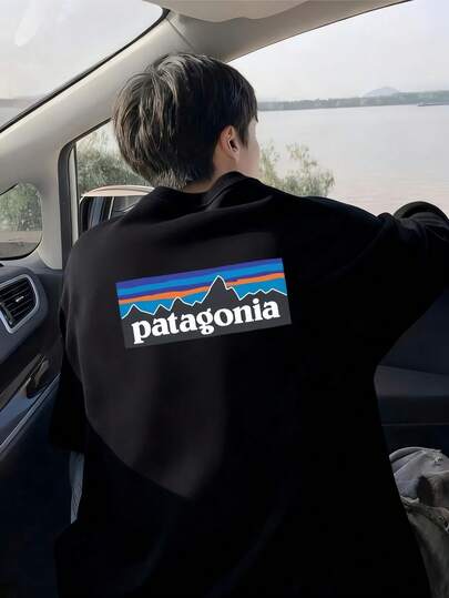 スウェット メンズ Patagonia マウンテンロゴプリント 秋冬用 アウトドア 円領 トレーナー 男性用 カジュアル 黒 スウェットトップス ファッショナブルで多用途