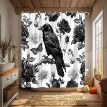 1Pc Gothic Crow & Floral Shower Curtain, Black & White Botanical Print, Machine Washable Polyester With 12 Hooks, Modern Elegant Bathroom Decor, Smooth Texture Fabric For Stylish Home Aesthetics, Bathroom Decor And Accessories - 顏色2 - 查看 4