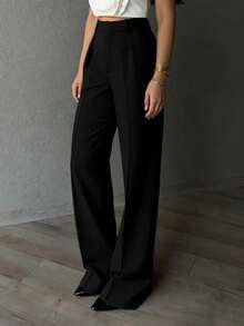 女士纯黑色休闲优雅通勤简约直筒裤，适合日常穿着、通勤、办公室 - 黑色 - 查看 2