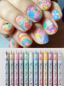 12pcs/Set Nail Art Painting Pen Nail Drawing Hook Line Drawing Flower Pen,Quick-Drying Waterproof Nail Polish Pens, Suitable For Scrapbooks, Writing, Professional Home And Salon Nail Art Supplies - Multicolor - View 2