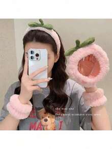 4pcs/Set Cute Pink Peach Plush Headband, Facial Mask Headband, Non-Slip Hair Accessories Women Hair Band Spa Facial Washing Head Scarf Bath Makeup Sweatband - Pink - View 8