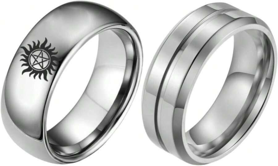 Xuanhang 2Pack Set Stainless Steel 5uperNatural Dean's Ring And Anti-Possession Symbol Ring Set For Men Women,Titanium Steel Inspired Cosplay Elry Protection Band Ring (6): Clothing, Shoes &Amp; Elry - Color 4 - 查看 1