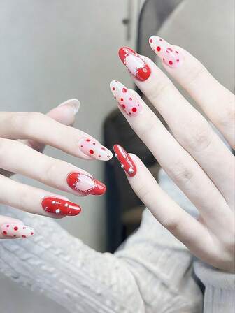 24pcs Valentine's Day Press On Nails Almond French Tip Nails Y2k Pink Nails Medium Fashion Ombre Glitter Geometry Stripes Heart Round Dot 3d Pattern With Rhines Tone Shine Reusable Press On Acrylic Nails Fake Nails Nails Supplies Free Of 24 Pieces Of Jelly Tabs And A Mini File
