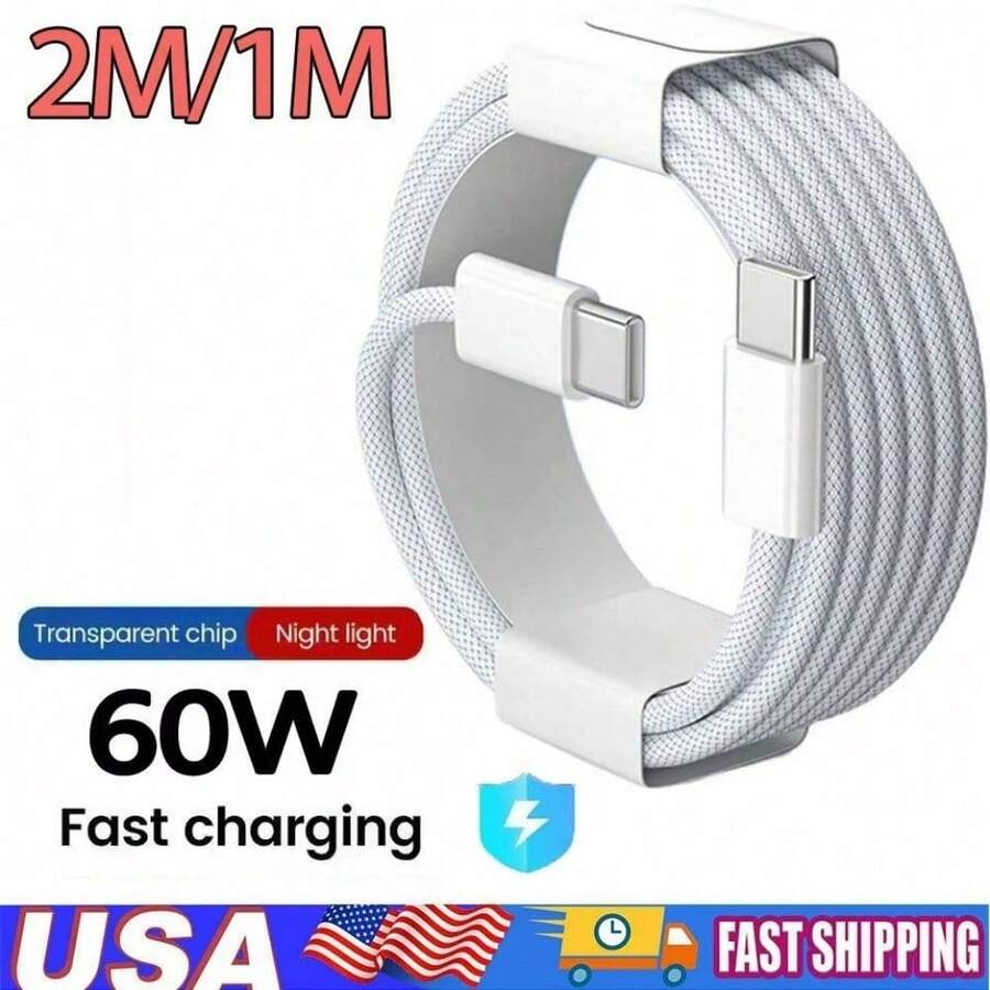 60W USB C To Type C Fast Charging Cable 3.3ft/6.6ft/9.9ft,Nylon Braided Fast Charge Type C To C Data Cord Compatible With IPhone 17/17 Air/17 Pro/17 Pro Max/ IPad Pro/Air,Cell Phone Charger Cord Compatible With Samsung Galaxy S25 S24 S23 S22 S21 S20 - 白色-2米 - 查看 1