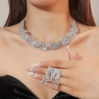 3pcs Crystal & Rhinestone Pendant Necklace And Earrings Jewelry Set, Suitable For Nightclub Party, Wedding, Bridal