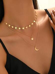 1件新款中东新月图案多层项链，适合日常、节日佩戴，百搭简约金色项链