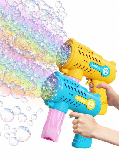 Máquina de burbujas automática de mano - Juego al aire libre, regalo para fiestas - Accesorios para soplar burbujas. Pistola de burbujas eléctrica. Generación de burbujas finas. Opciones de color amarillo y azul (Baterías y solución de burbujas no incluidas)