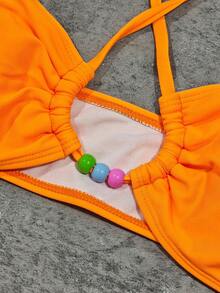 女士时尚夏季沙滩橙色褶皱镂空彩色串珠装饰比基尼套装