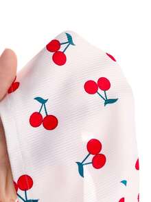 Baby Girl Summer Casual Cherry Print Button Ruffle Decor 3D Bow Strap Cropped Tank Top And Cherry Embroidered Denim Shorts Set - White - View 6
