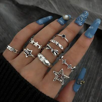 9件套复古做旧金属星星戒指套装，甜美酷炫的极简风格字母蝴蝶结装饰，女士适用