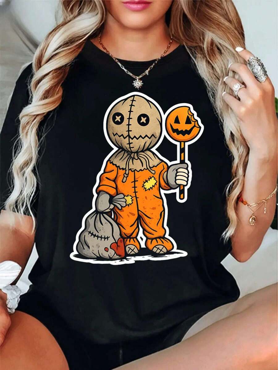 Damen-T-Shirt mit Halloween-Kürbisprint, Herbst, Hochwertiger Stoff, Lockere Passform, Lässig, Atmungsaktiv, Neu eingetroffen - Schwarz - Übersicht 1