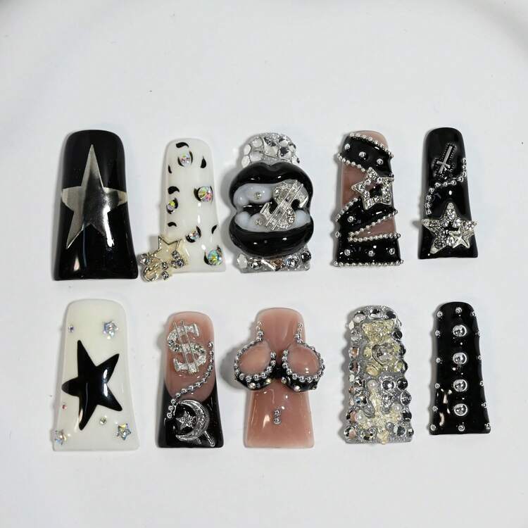 10Pcs Premium Handmade Long Duck Bill 3D Dollar Sign Star-Moon Bag Embellishments Black White Nude Pink Rhinestone Rivet Edgy High-Street Style Reusable Gift For Trendsetters Summer Easter - 彩色 - 查看 13