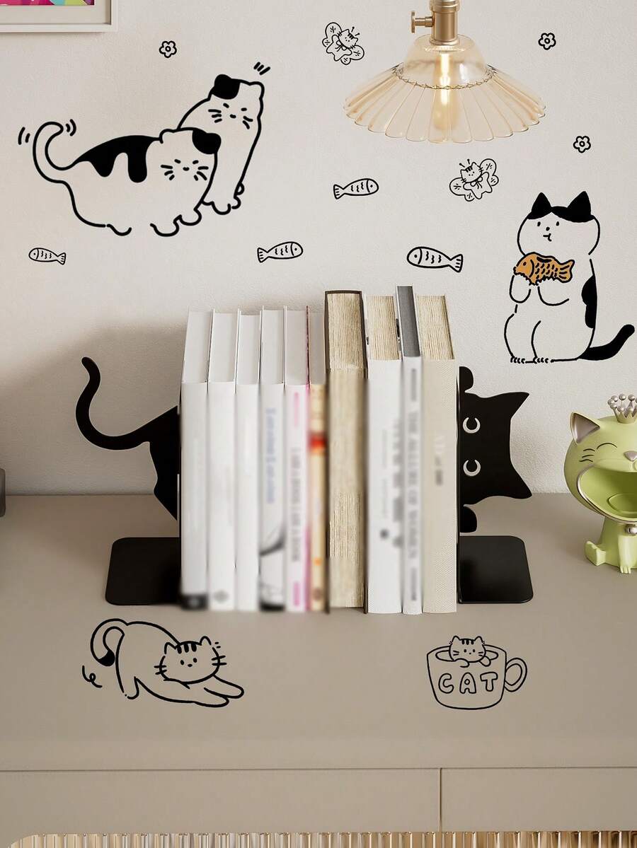 1 桌面书架套装 - 可堆叠书籍和猫形装饰，节省空间的桌面收纳架，非常适合学生、家庭办公室和书房，现代美学和耐用结构，书架装饰品，工作空间整理，创意收纳架。