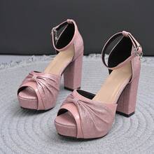 Women's Fashion Comfortable Round Toe Peep-Toe Rhinestone Embellished Open Toe Ankle Strap Buckle Design Outdoor Casual Versatile Dance Party Platform Chunky High Heel Sandals, Pink - Pink - View 13
