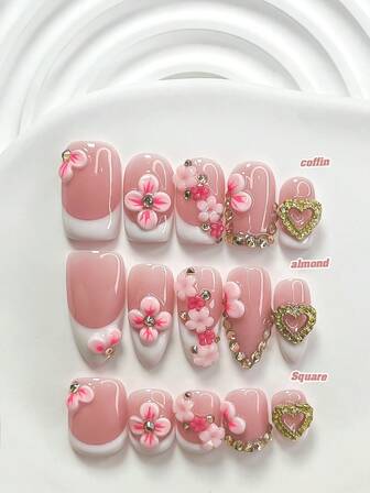 10Pcs Minimalist Style Nails Set,Handmade Flowers Nail Decorations,Metal Heart Nail Accessories,White Gel Nails,French Press-On Nail,Sparkling Champagne Diamond Fack Nail,3 Sizes Available, Almond Nails,Square Nails, Coffin Nails,Includes Tool Kit, Suitable For Women & Girls,Valentine's Day, Party,Daily Wear Supplies Nails
