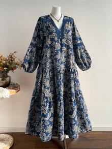 Đầm dáng rộng phong cách Bohemian cổ điển, phối ren hoa tương phản, cỡ lớn, kiểu dáng thường ngày, thích hợp cho kỳ nghỉ, du lịch mùa xuân. - Màu xanh lam - Xem 2