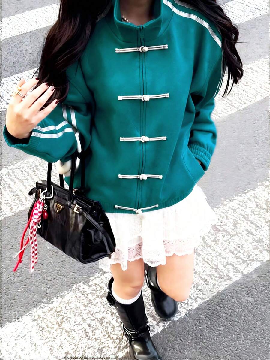 SAOYANGYU 新款中国风女式纽扣外套，纯色透气立领夹克，美式复古宽松版型，250克针织面料，秋冬款 - 綠色 - 查看 1