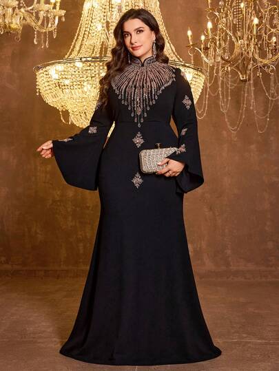  Vestido de noche de lino de manga larga y cuello alto ajustado para mujer de talla grande UNITHORSE