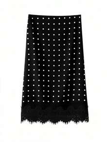 女士波点拼接撞色优雅派对梭织镂空蕾丝边半身裙，适合度假、海滩、秋冬季穿着 - 黑色 - 查看 7