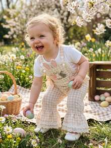 Toddler Baby Girl Easter Outfit Overalls Bunny Cross Lace Romper Cute Gingham Bell Bottom Suspender Jumpsuit - 杏色 - 查看 6
