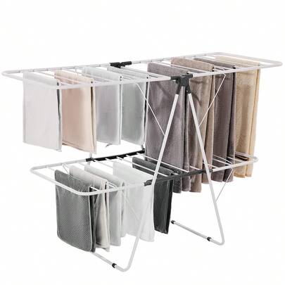 2-Tier Foldable Clothes Drying Rack With Sock Clips & 31 Drying Rods White