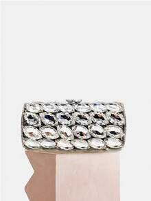 奢华镂空钻石晚宴包，闪耀珠宝设计手拿包，全银色水晶宴会派对手提包，适合婚礼新娘女士晚宴礼品钱包 - 銀色 - 查看 2