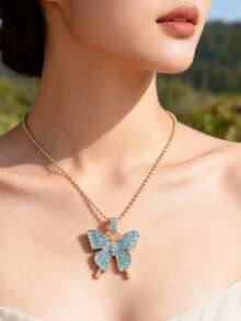 1件复古百搭优雅宫廷风田园甜美低饱和度蝴蝶吊坠项链 - 淺藍色 - 查看 6