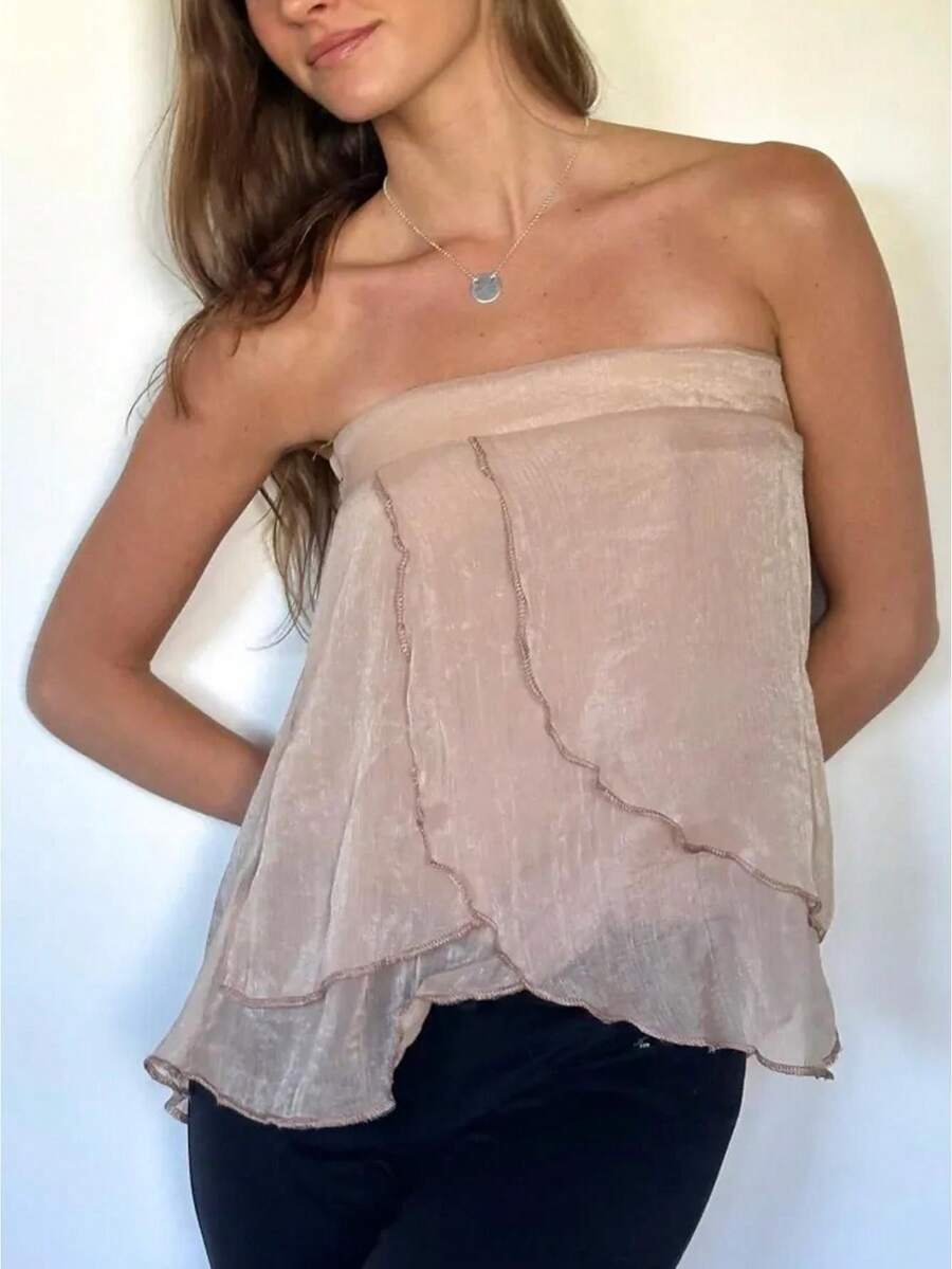 2026 Women's Tube Tops Floral Pattern Backless Top Layered Ruffle Strapless Bandeau Top Slim Fit Cropped Tube Tops - Khaki - View 1