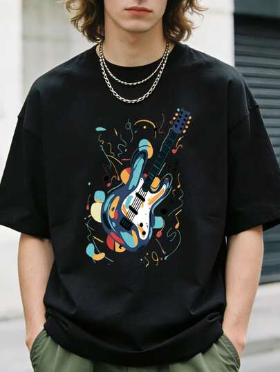 1 pieza Camiseta negra con estampado de guitarra eléctrica para hombres, camiseta casual de cuello redondo unisex, ropa de hombre talla grande hasta 5XL, tejido de punto ligero de 180 g/m², lavable a máquina, para primavera/verano/otoño, Navidad, Halloween, Día de San Valentín