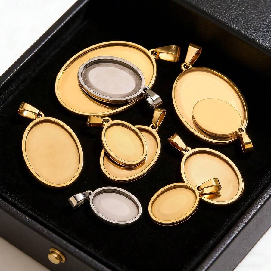 5 Pieces Of Stainless Steel 18K Gold-Plated Oval Pendant Trays, Blank Bases For Embedding Convex Round Beads, Home Craft DIY Embossed Pendant Jewelry, Jewelry Making Materials - Silver - View 1
