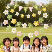 Kids Boys Girls Outdoor Indoor Spring Flower Pull Flag, Pink Yellow Green Triangle Fish Tail Leaf Party Decor Hanging Banner, Festival Birthday Wall Backdrop - Multicolor - View 1