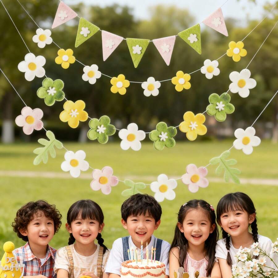 Kids Boys Girls Outdoor Indoor Spring Flower Pull Flag, Pink Yellow Green Triangle Fish Tail Leaf Party Decor Hanging Banner, Festival Birthday Wall Backdrop - Multicolor - View 1