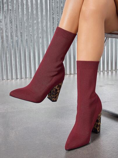 Botas de tacón alto de punta fina para mujer, botas de tobillo elásticas de tacón de aguja de punto, botines ajustados y sexys para otoño/invierno, cómodos y elegantes botines de color rojo vino