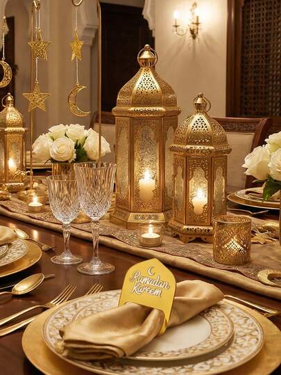 6 حلقات مفارش طاولة ذات نمط هندسي ذهبي لشهر رمضان الكريم، حامل مفارش طاولة احتفالية أنيقة بتصميم قوس إسلامي مقطوع مع تفاصيل تحية عربية، إكسسوار طاولة عشاء فاخر لتزيين طاولة الإفطار والسحور وتجمعات العائلة وحفلات الأعياد، ديكور طاولة المنزل والمطعم والفندق في شهر رمضان