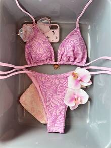 女士夏季泳装度假系列，甜美粉色花朵水钻挂脖三角比基尼，系带三角裤两件套，性感显瘦收腹，甜美风格比基尼套装，时尚泳装，适合海滩度假和拍照 - 粉色 - 查看 7