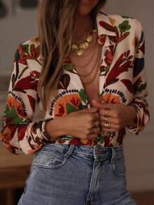 Women's Long Sleeve Shirt With Vibrant Floral Pattern, Fashion Stand Collar Polyester Front Button Blouse Vacation Spring - Multicolor - View 7