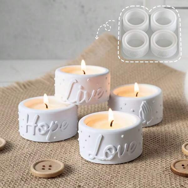 1pc DIY Clay Mold Embossed English Word Hand Dot 4-Piece Candle Holder Wax Melt Silicone Mold Candle Base Jewelry Storage Cup Mold