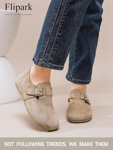 Flipark Soft Suede Slip-On Shoes In Light Khaki! Exuding A Gentle Ambiance With Metal Buckle Accent & Plush Lining, Ideal For Commuting, Dates, And Slouchy Wear - Khaki - View 3