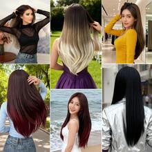 Clip In Hair Extensions V-Shaped Omber 22 Inch Long Straight Hair Heat Resistant Fiber Synthetic Hairpiece For Women Girls Party Daily Use