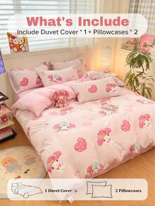 Sanrio Cute Print 3pcs Bedding Set - My Melody(1pc Duvet Cover + 2pcs Pillowcase, No Filling) Cartoon Full Size, Soft & Comfortable, Suitable For Dorm, Home Bedroom, Hotel, All Seasons, With Zipper Closure And Pillowcase, Multi-Color , Oversized Bedding, Oversized Duvet Cover Set