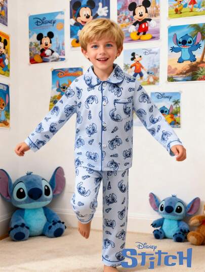 Disney 男童两件套：简约缝线天使印花长袖衬衫（带口袋）和长裤，舒适柔软，适合夏季休闲室内、室外、派对穿着。